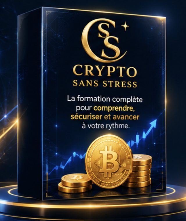 Boîte de la formation Crypto Sans Stress, avec le logo doré et des pièces de bitcoin