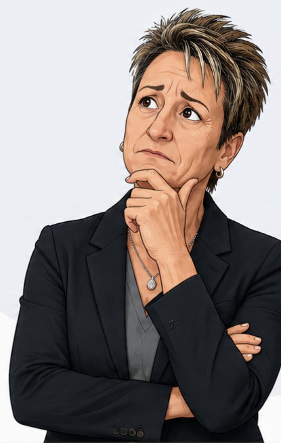 Femme songeuse, la main sur le menton, qui se pose des questions sur la crypto